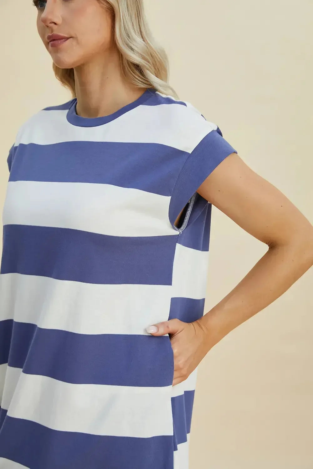 Basic Bae Full Size Striped Round Neck Cap Sleeve Mini Dress - Plush Fashion Hub