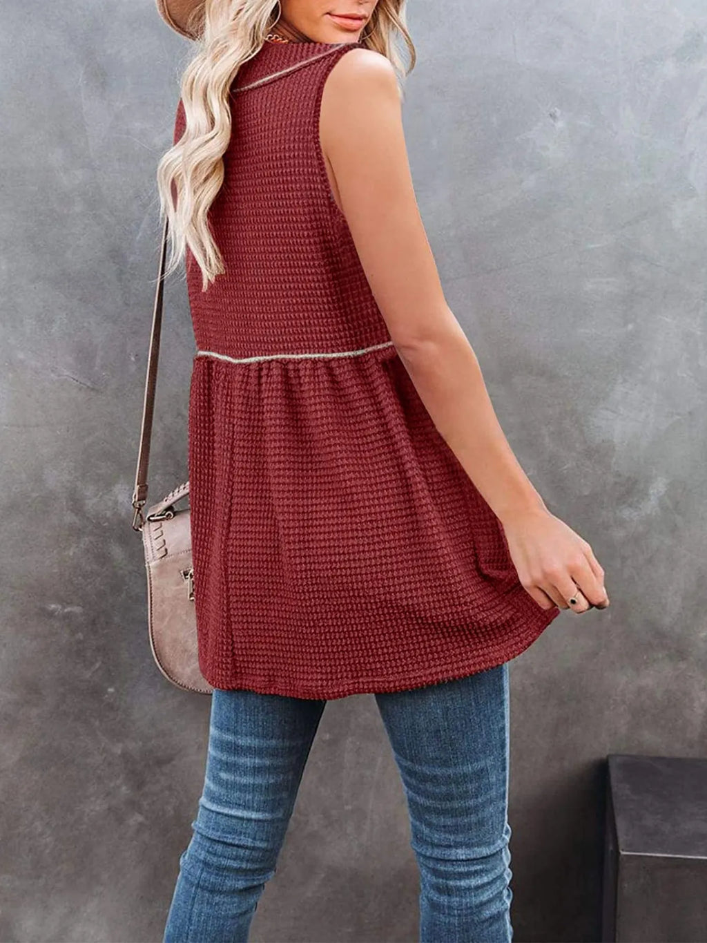 V-neck waffle knit tank top with contrast stitching from Trendsi, featuring a casual sleeveless design and textured fabric.