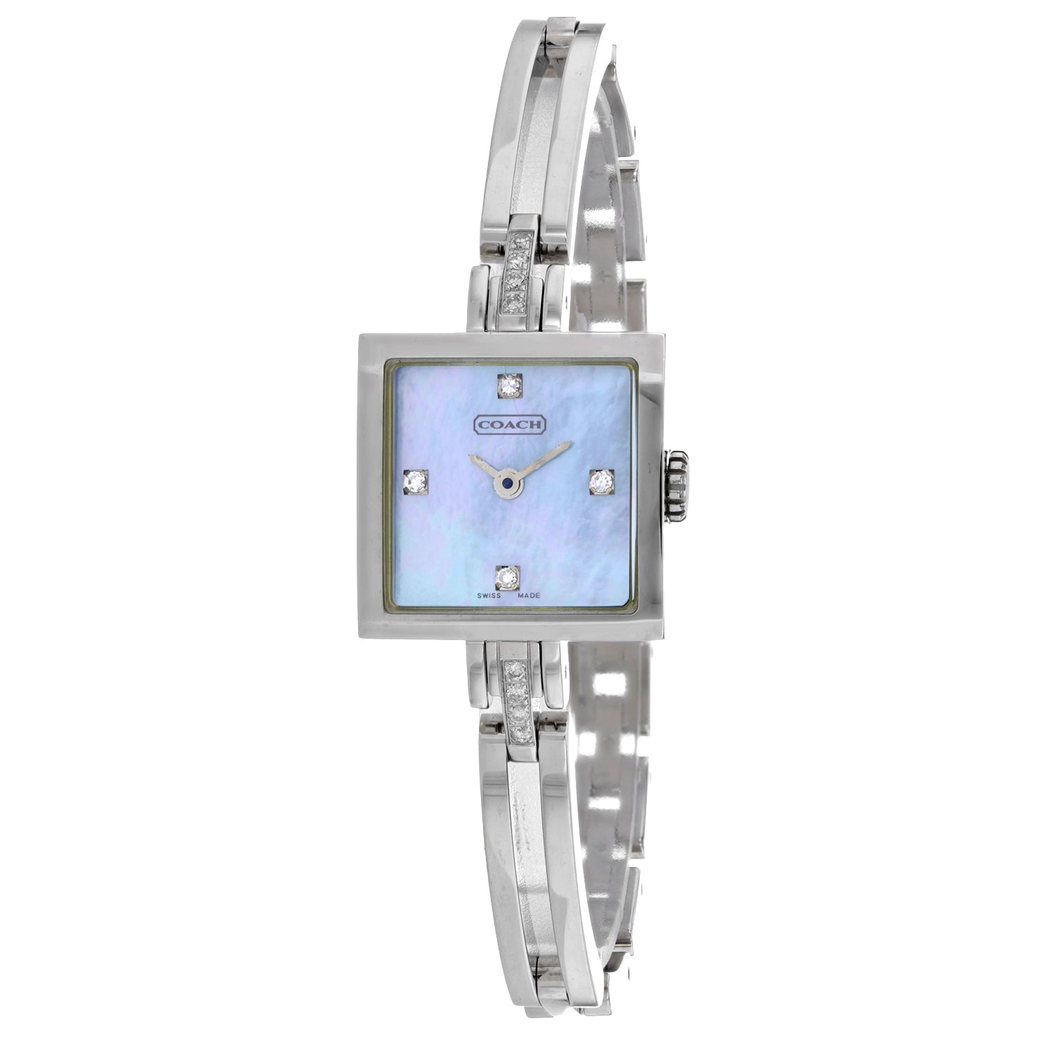 Silver Coach watch featuring a square mother-of-pearl dial, diamond indices, and a slim, embellished bracelet strap.