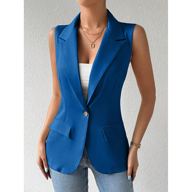 A sleeveless, royal blue tailored blazer vest with notched lapels, a single front button, and two side pockets.