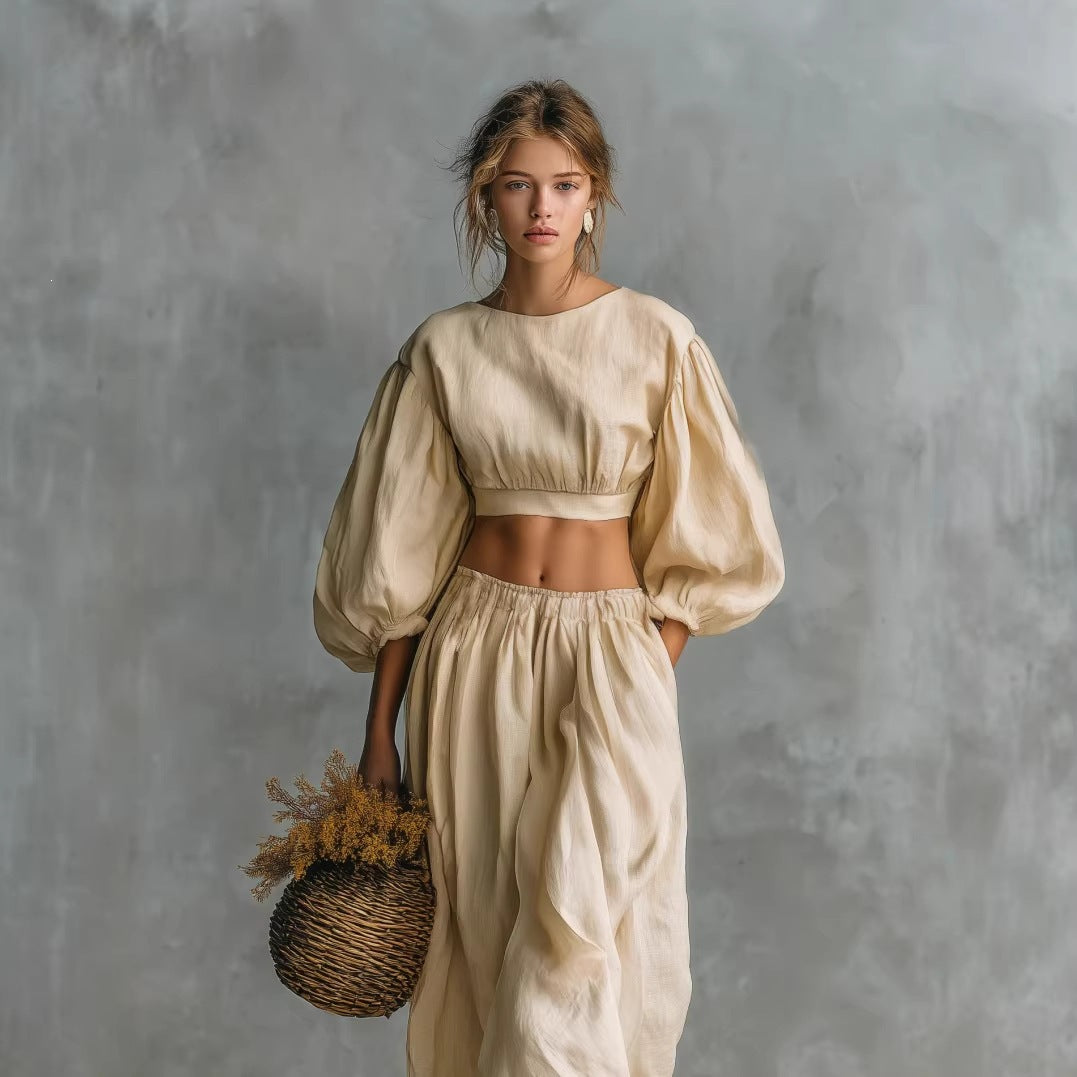 Women's Puff-Sleeve Crew-Neck Two-Piece Set with Pockets FitiqueFit