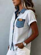 Denim trim short sleeve shirt from Trendsi, featuring a casual design with denim accents and a comfortable fit.