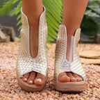 Open toe wedge sandals by Plush Fashion Hub featuring tan straps and chunky heel, perfect for warm weather and casual outfits.