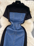 Color block denim patchwork bodycon mini dress from Trendsi, showcasing a fitted silhouette with vibrant patchwork details.
