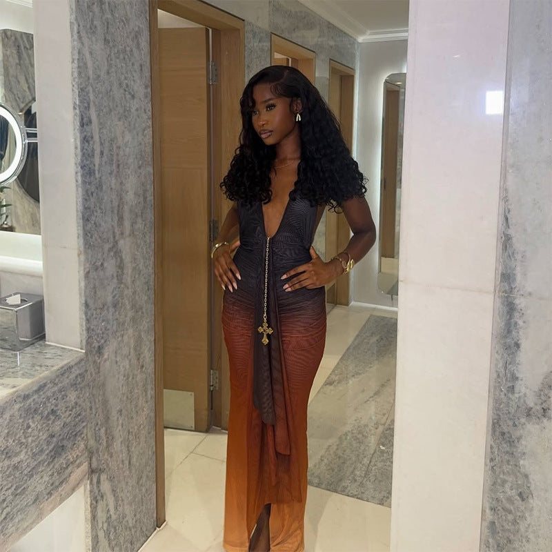 Bold Colorblock Backless Maxi Bodycon Dress