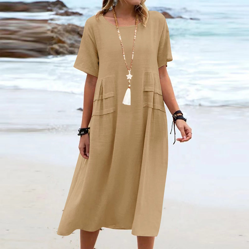 Women's Casual Cotton Linen Short-Sleeve Midi Dress