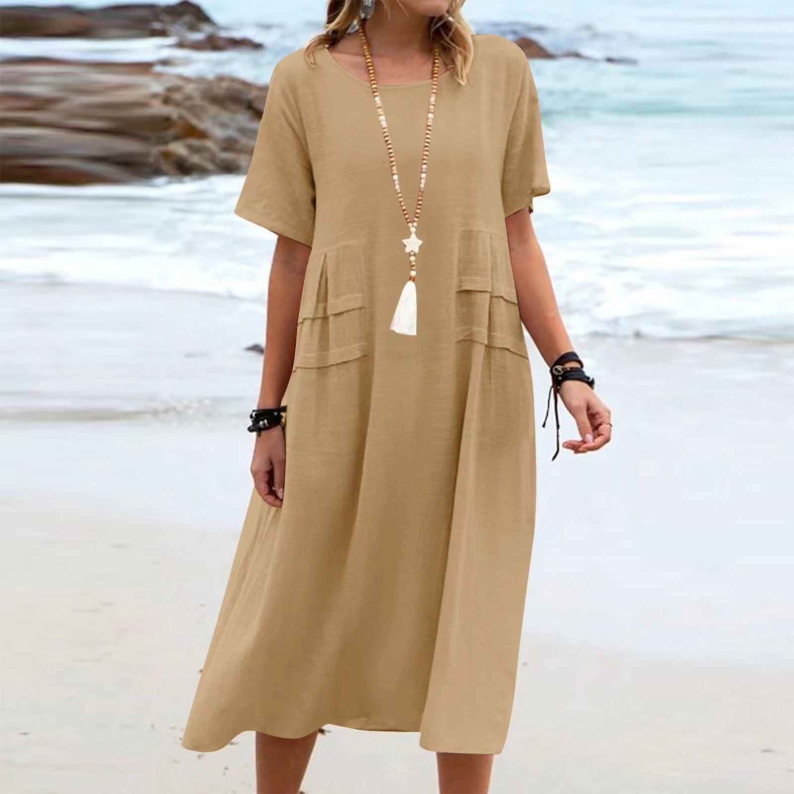 Women's Casual Cotton Linen Short-Sleeve Midi Dress