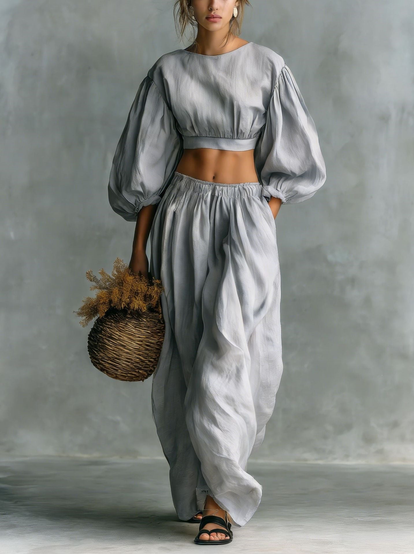 Women's Puff-Sleeve Crew-Neck Two-Piece Set with Pockets FitiqueFit