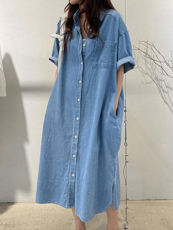 Vintage Lapel Single Breasted Casual Pocket Denim Dress Plush Fashion Hub