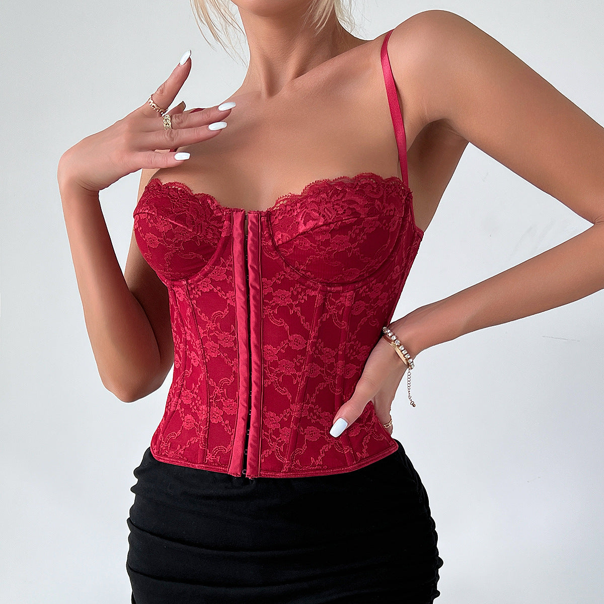 Women Clothing Sexy Solid Color Lace Sling Boning Corset Steel Ring Wrapped Chest Breasted Backless Vest Bella Mia
