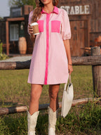 Stripe color block puff sleeve button-down mini dress from Trendsi featuring a vibrant pattern and stylish silhouette.