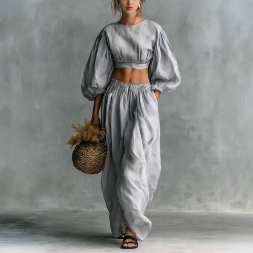 Women's Puff-Sleeve Crew-Neck Two-Piece Set with Pockets FitiqueFit