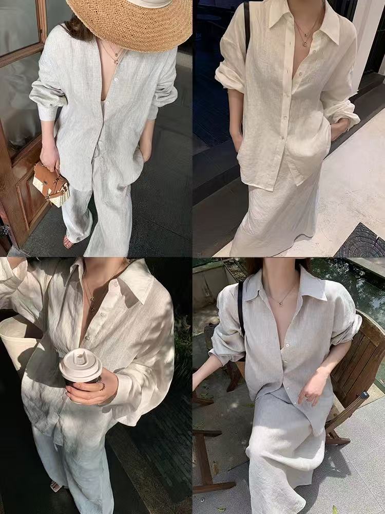 Cozy Linen Lapel Long-Sleeved Shirt&Skirt 2 Set Plush Fashion Hub