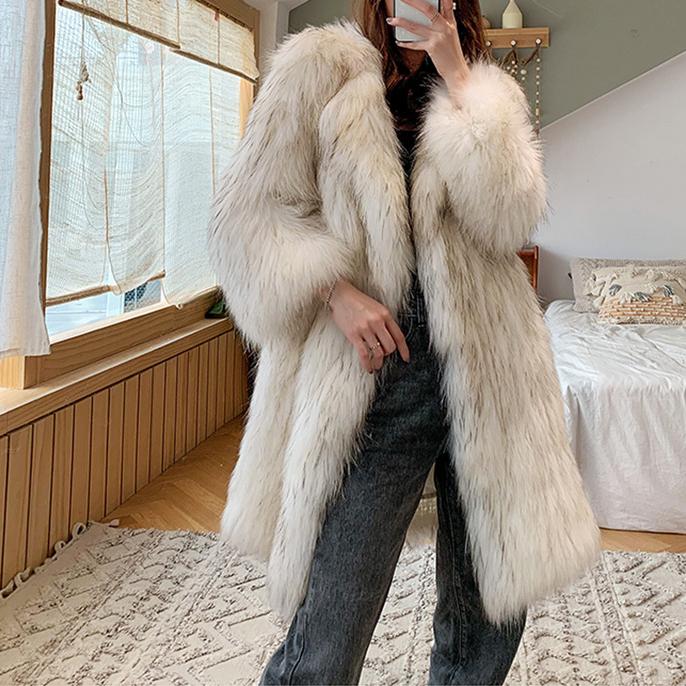 Women Raccoon Fur Coat Women Long Fox Fur Collar Fur Coat Loose Casual Trench Coat Perfecsy