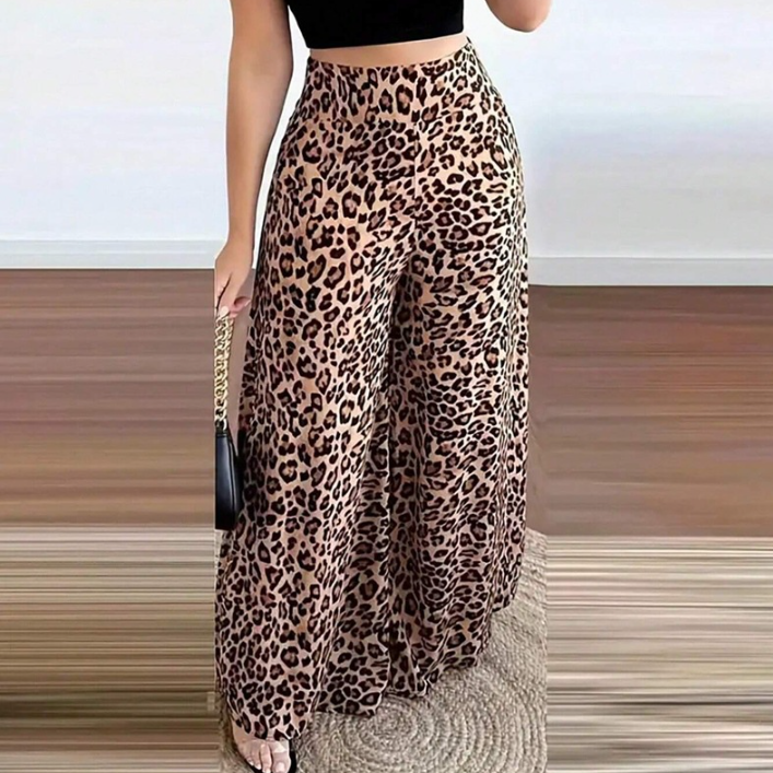Fall Women Clothes Early Autumn Leopard Print Wide Leg Pants Loose High Waist Satin Long Pants Bella Mia
