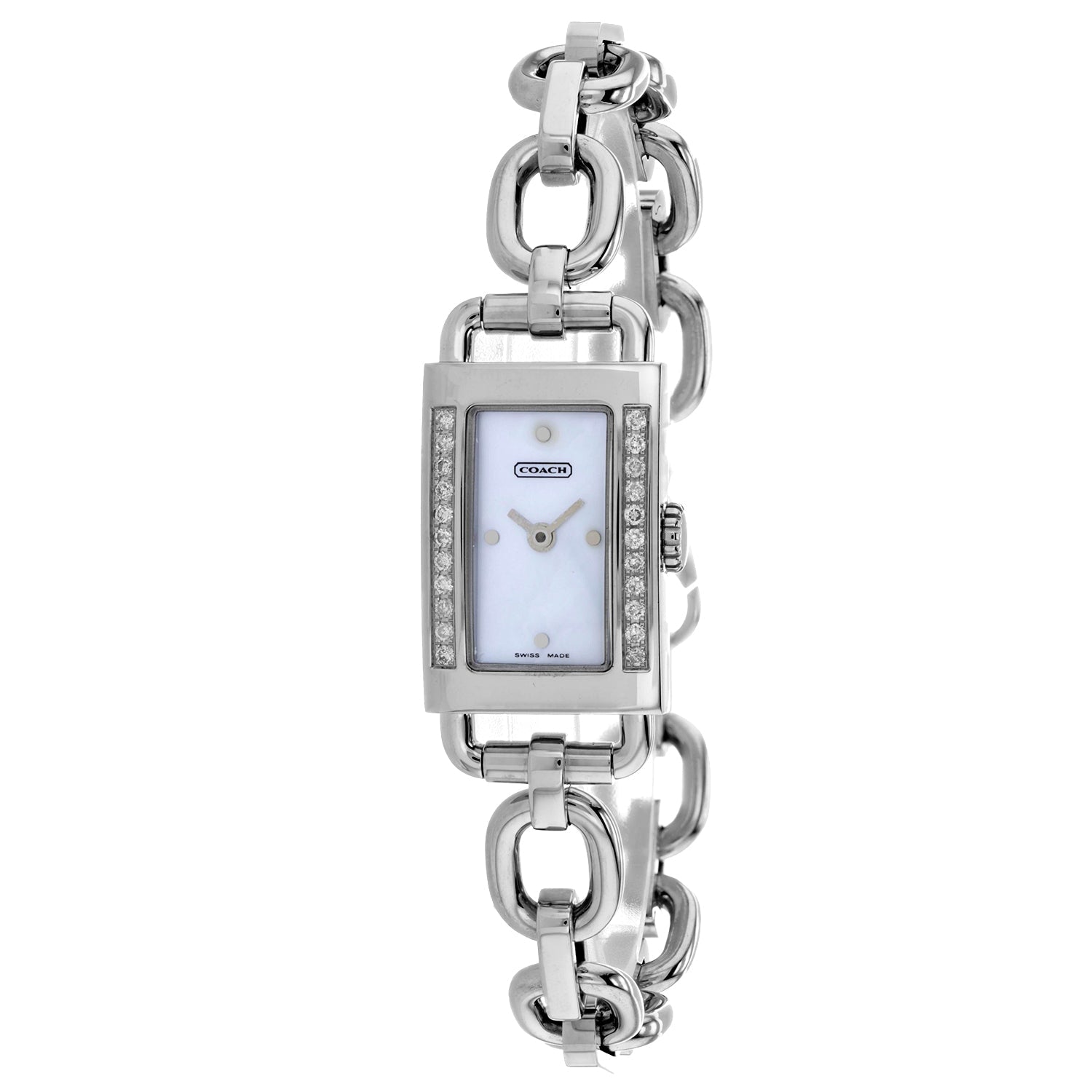 Coach silver quartz watch with rectangular mother-of-pearl dial, crystal bezel, and polished chain-link bracelet.