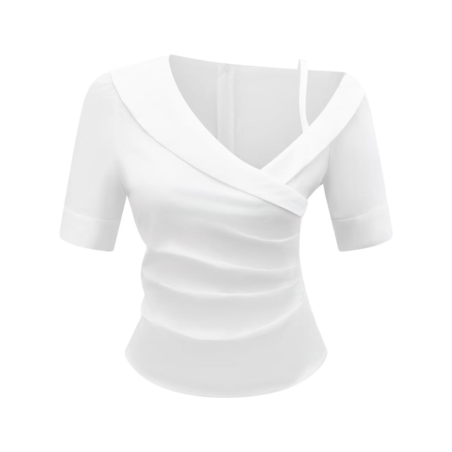 Pleated Design Summer White Short Sleeve Shirt Slim Fit Slim Fit Top Bella Mia
