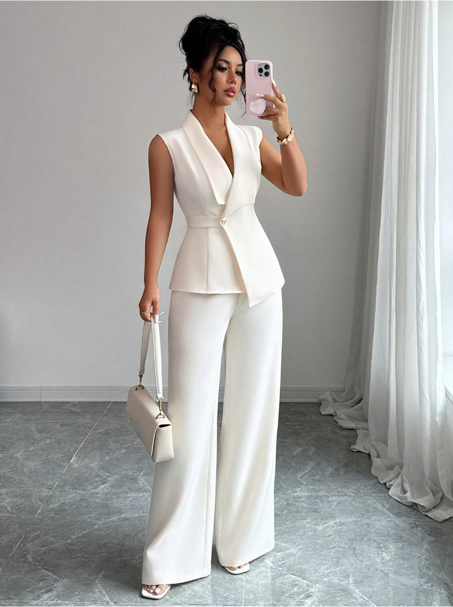 Women's Sleeveless Blazer & Straight-Leg Pants Two-Piece Set FitiqueFit