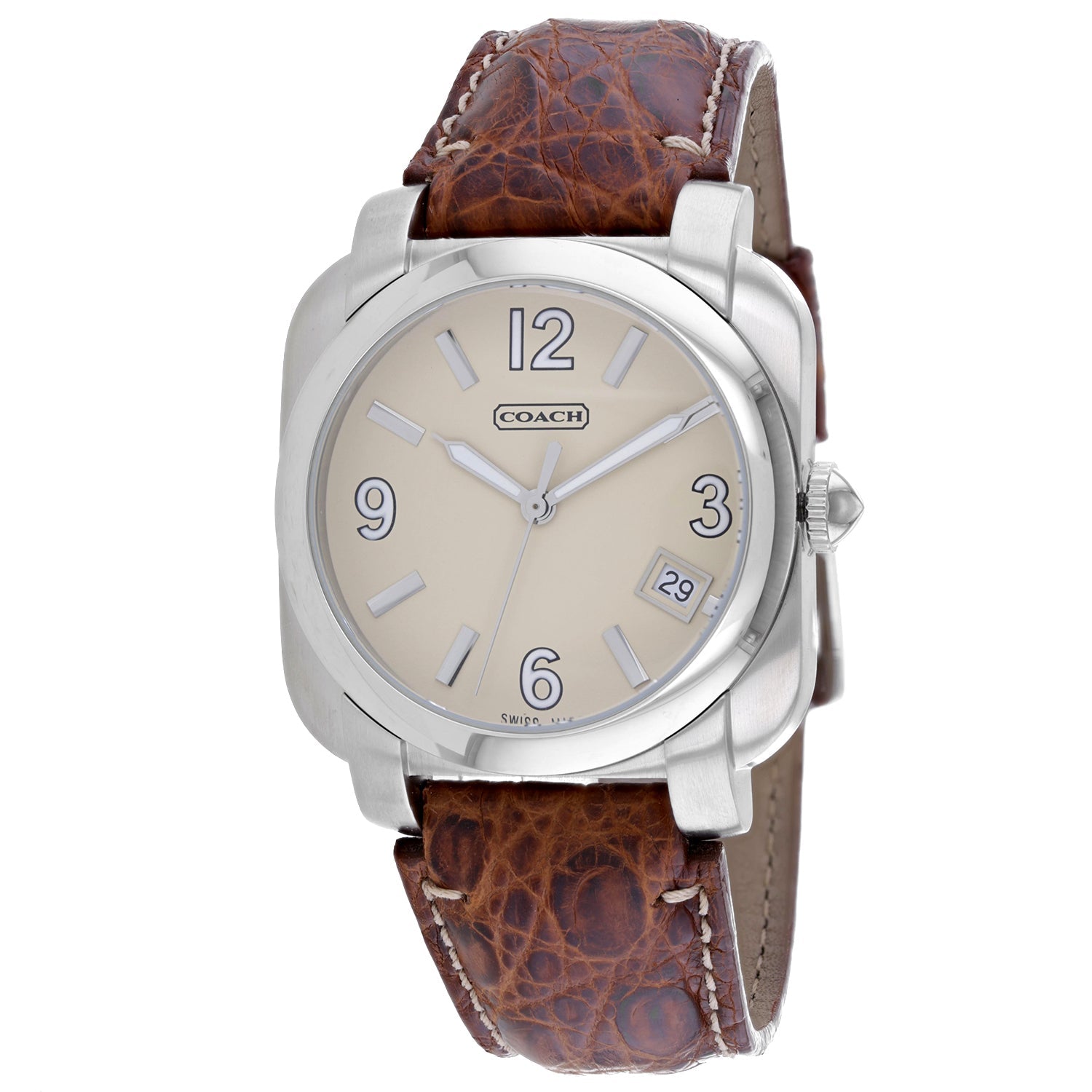 Coach men's watch with cream dial, silver-tone case, and textured brown leather strap with visible stitching.