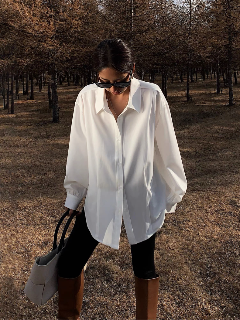 Casual Vintage White Long-Sleeved Shirt Plush Fashion Hub