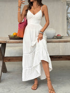 Women's V-neck tiered maxi dress with delicate lace details, flowing fabric, and elegant design by Trendsi.