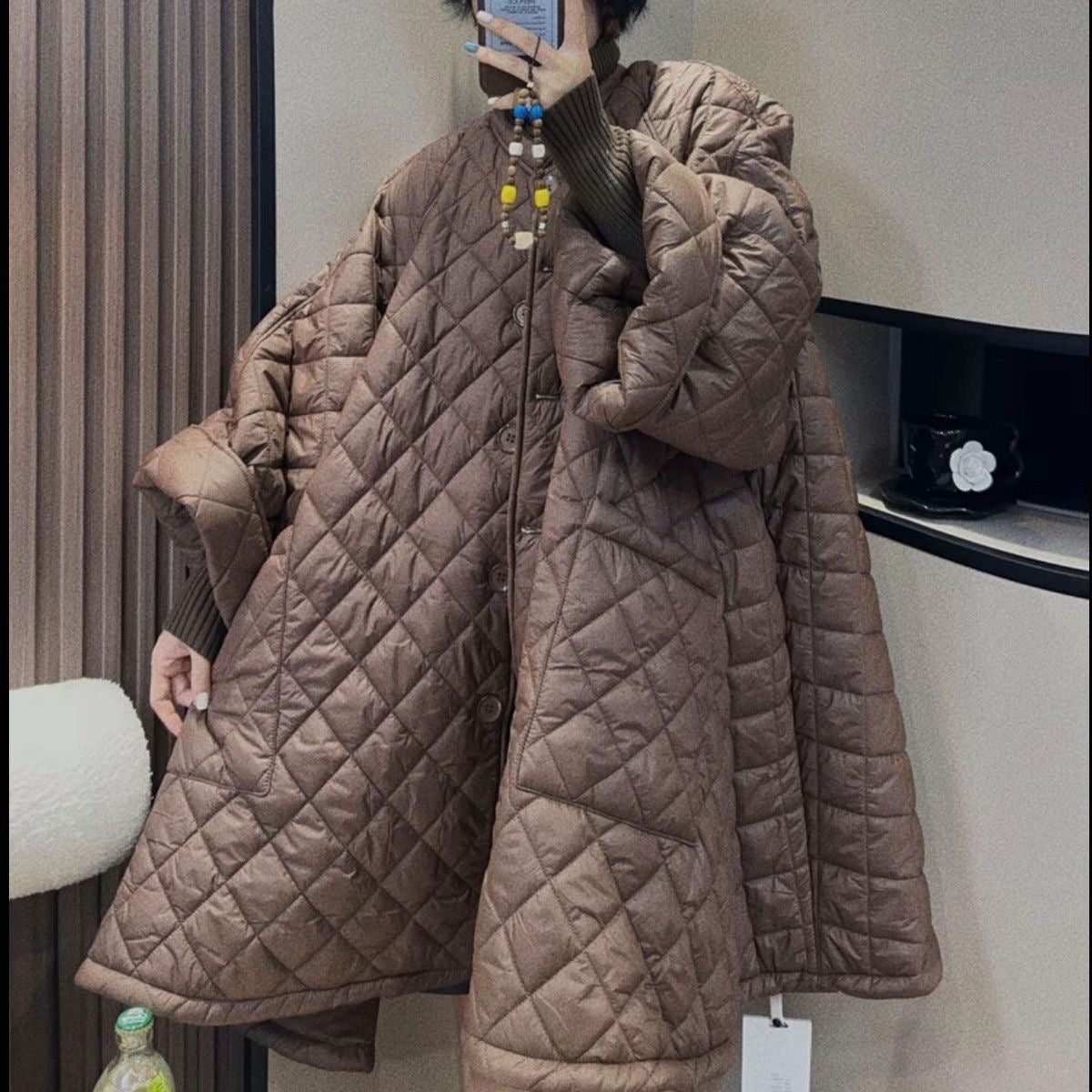 Diamond-Patterned Plus A-line Cotton Coat Plush Fashion Hub