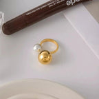 18K Gold-Plated Orb & Pearl Open Ring - Plush Fashion Hub