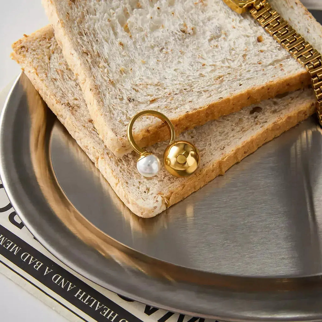 18K Gold-Plated Orb & Pearl Open Ring - Plush Fashion Hub