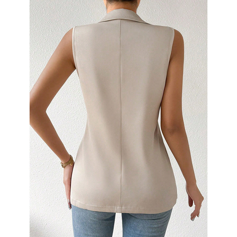 Back view of a sleeveless beige tailored vest with a collared neckline, worn with blue jeans.