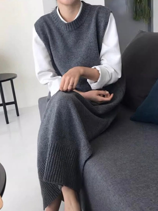 Loose Round Neck Side Slit Knitted Vest Dress Plush Fashion Hub