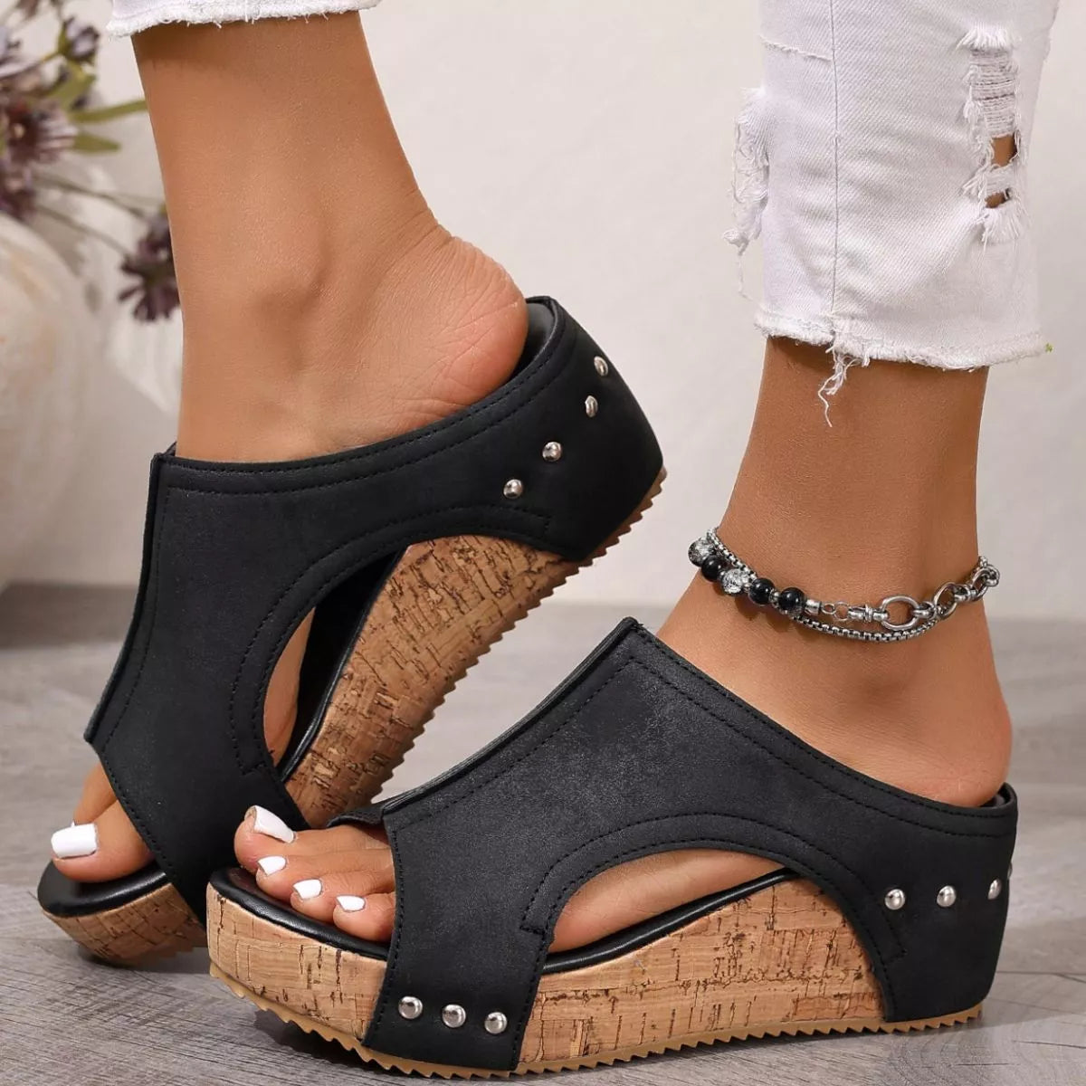 Open toe wedge sandals by Plush Fashion Hub featuring a stylish design with a comfortable platform and ankle straps.