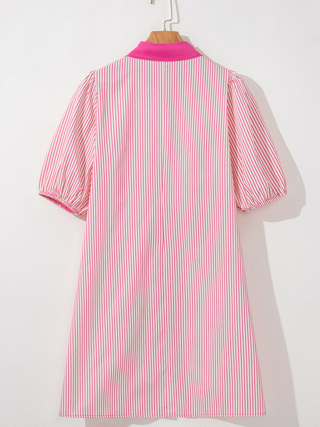 Stripe color block puff sleeve button-down mini dress by Trendsi with a fitted silhouette and vibrant pattern, perfect for casual wear.