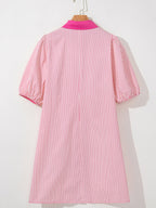 Stripe color block puff sleeve button-down mini dress by Trendsi with a fitted silhouette and vibrant pattern, perfect for casual wear.