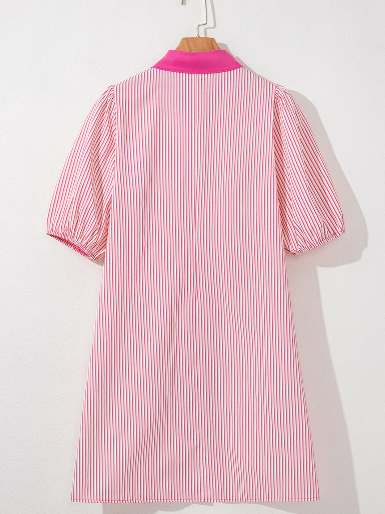 Stripe color block puff sleeve button-down mini dress by Trendsi with a fitted silhouette and vibrant pattern, perfect for casual wear.
