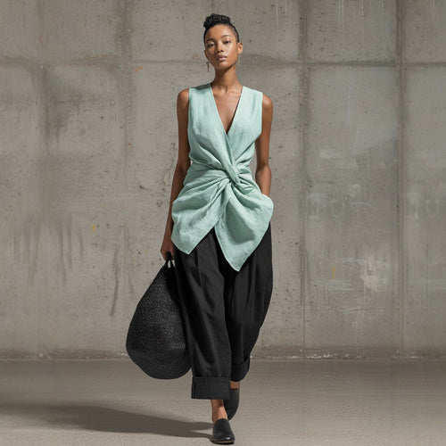 Women's Tie-Front V-Neck Sleeveless Top & Wide-Leg Pants Set FitiqueFit