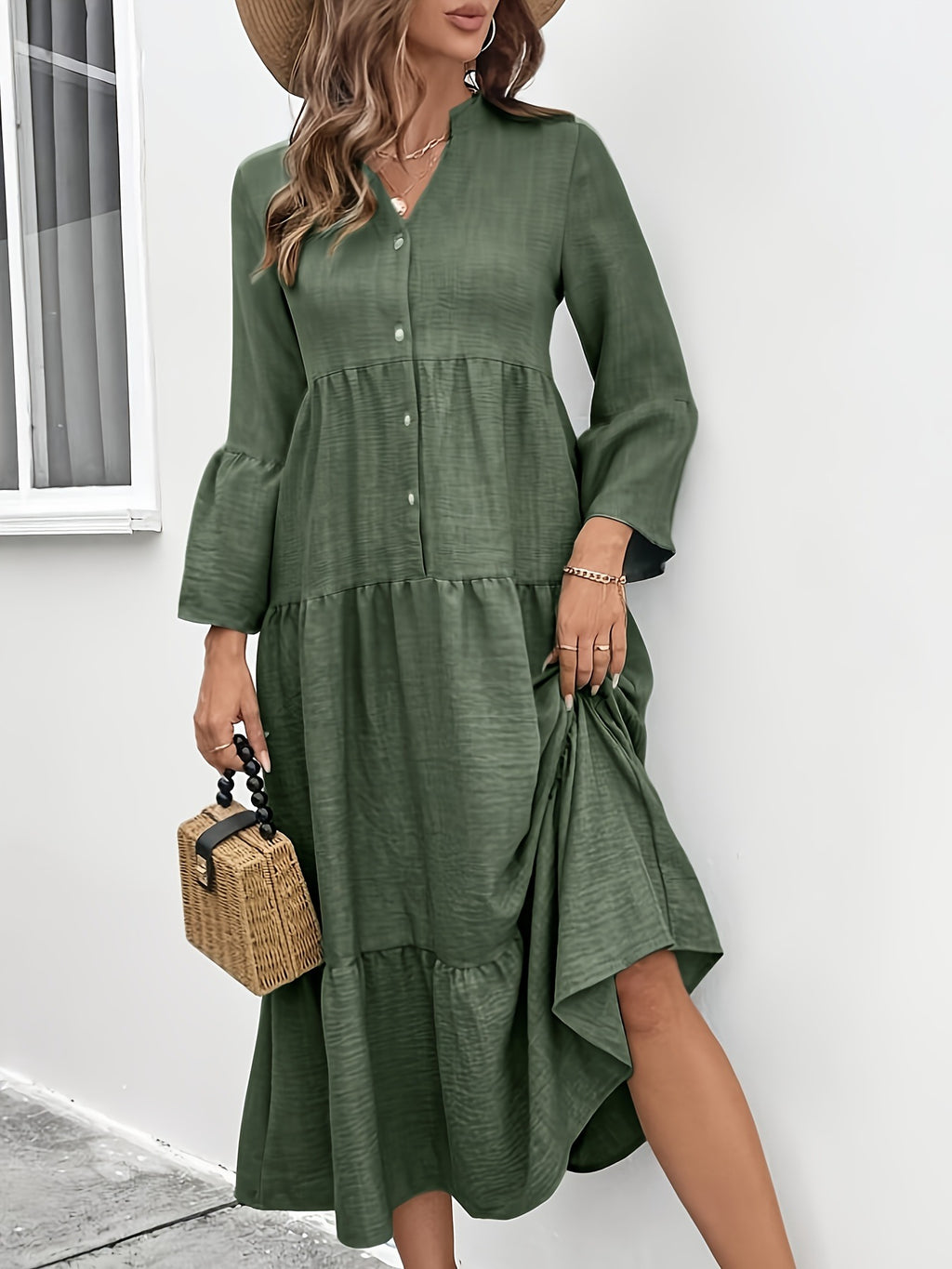 Casual cotton blend button front tiered midi dress from Trendsi, perfect for summer, with a relaxed, flowing silhouette.