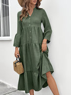 Casual cotton blend button front tiered midi dress from Trendsi, perfect for summer, with a relaxed, flowing silhouette.