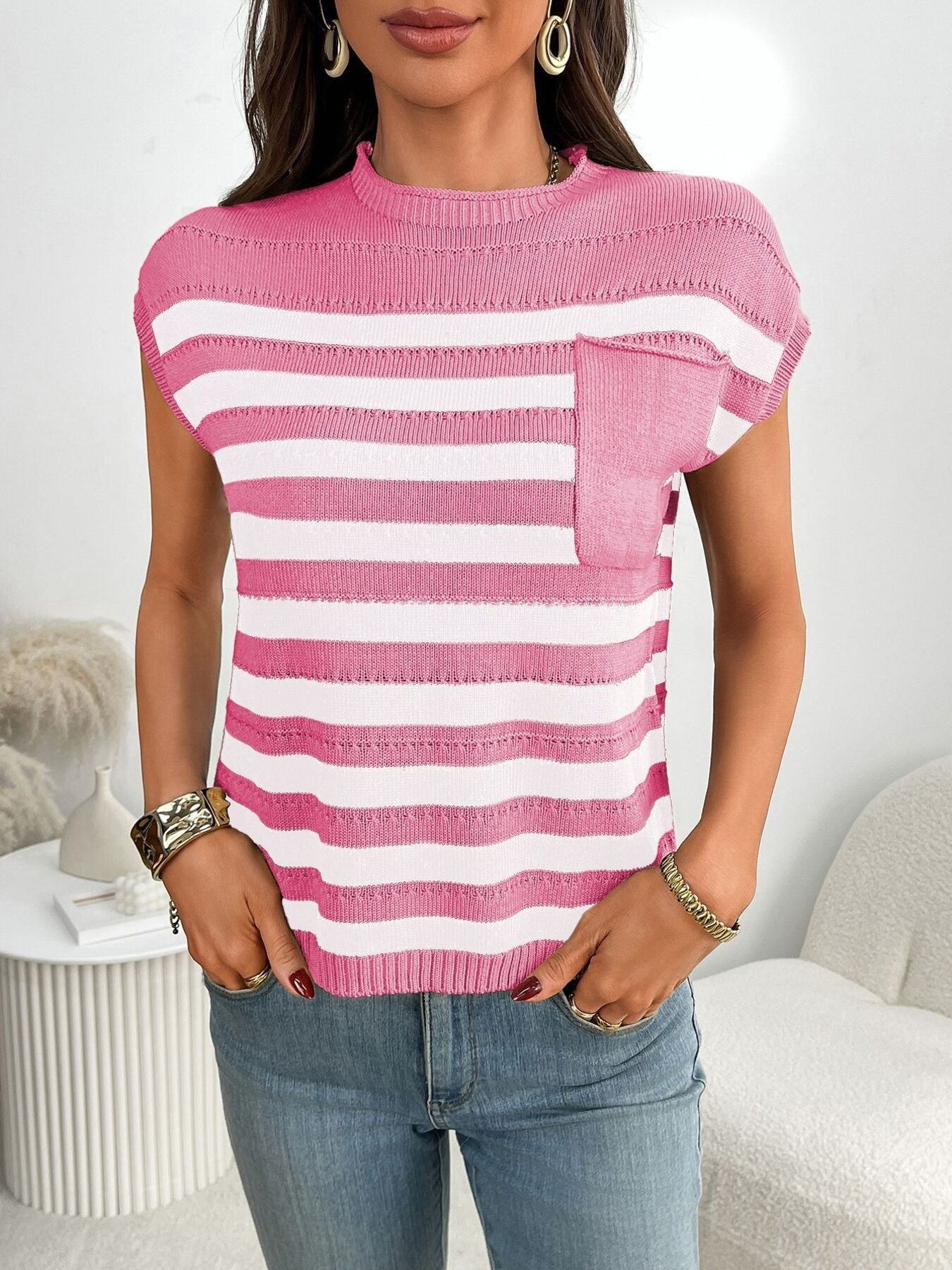 Women's striped knit cap sleeve sweater with pocket detail, stylish and cozy Trendsi fashion top for casual wear