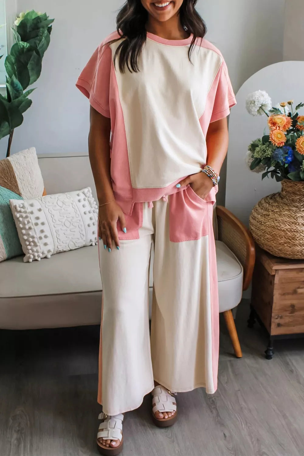 Two-tone color block patchwork tee and drawstring loose pants set by Trendsi, featuring a casual, stylish matching outfit.