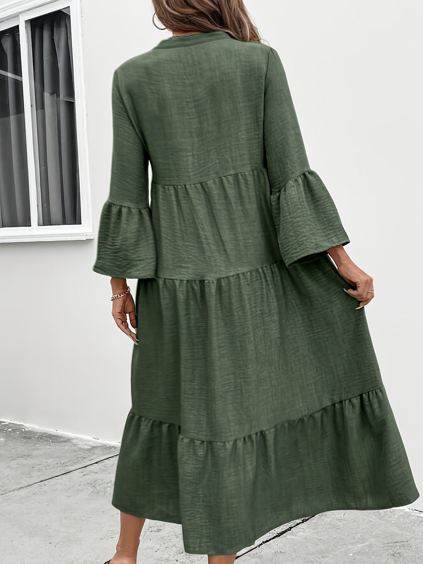 Casual button front tiered midi dress in cotton blend, perfect for summer, featuring a relaxed fit and feminine style.