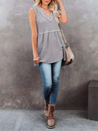 V-neck waffle knit tank top with contrast stitching, casual sleeveless top from Trendsi, shown in a neutral color.