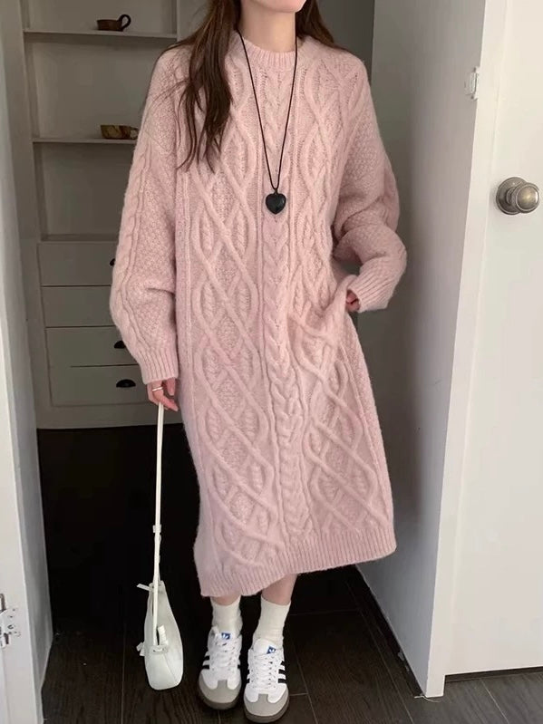 Cable Knit Loose Sweater Dress Plush Fashion Hub