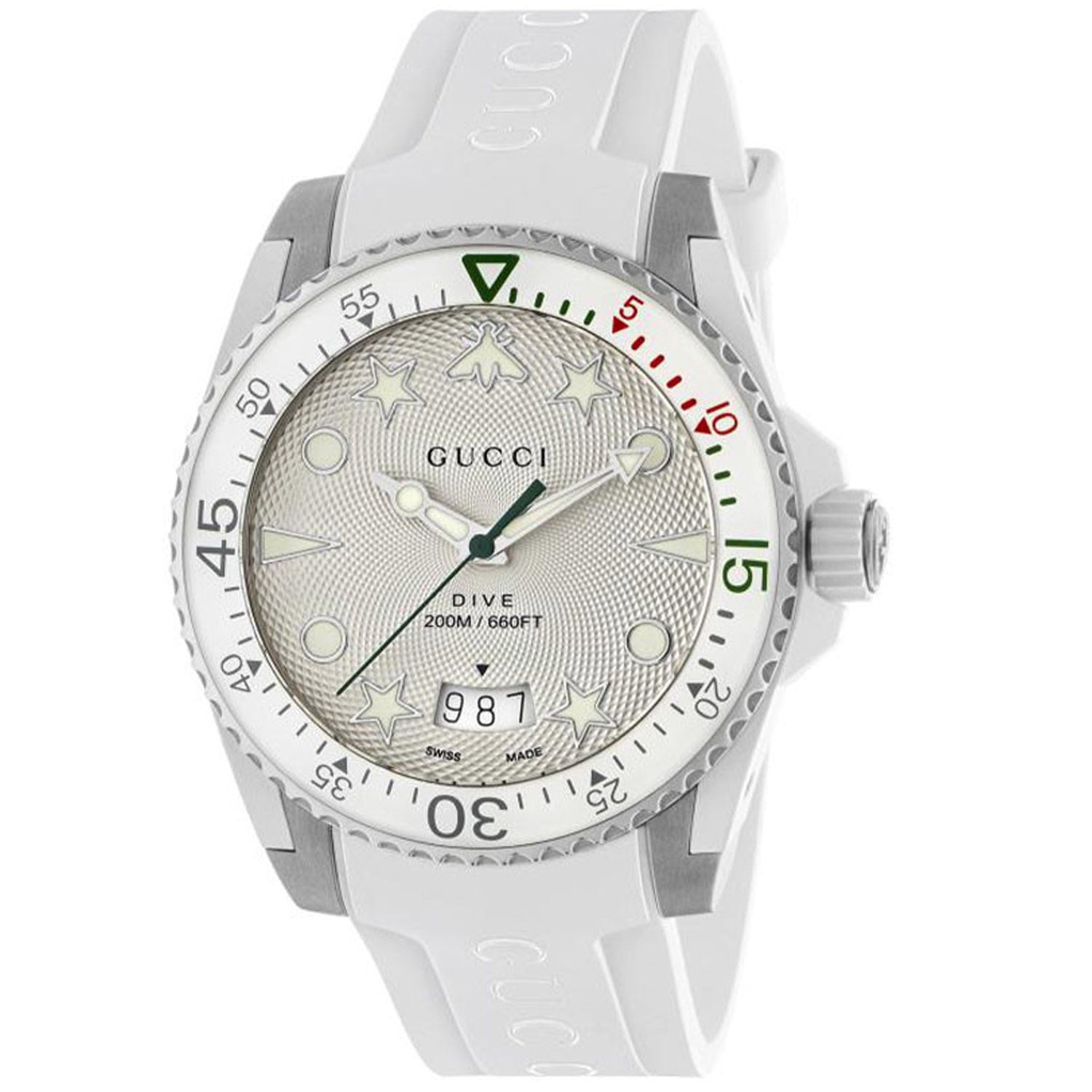 Gucci Men's Dive watch in white with rubber strap, textured dial, bee and star indices, and rotating bezel.