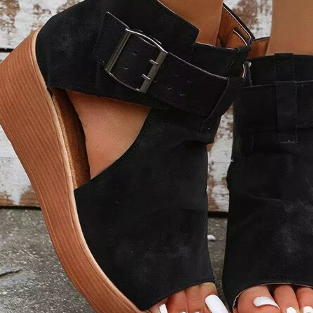 Open toe wedge sandals by Plush Fashion Hub with strappy design and chunky heel, perfect for summer casual wear.