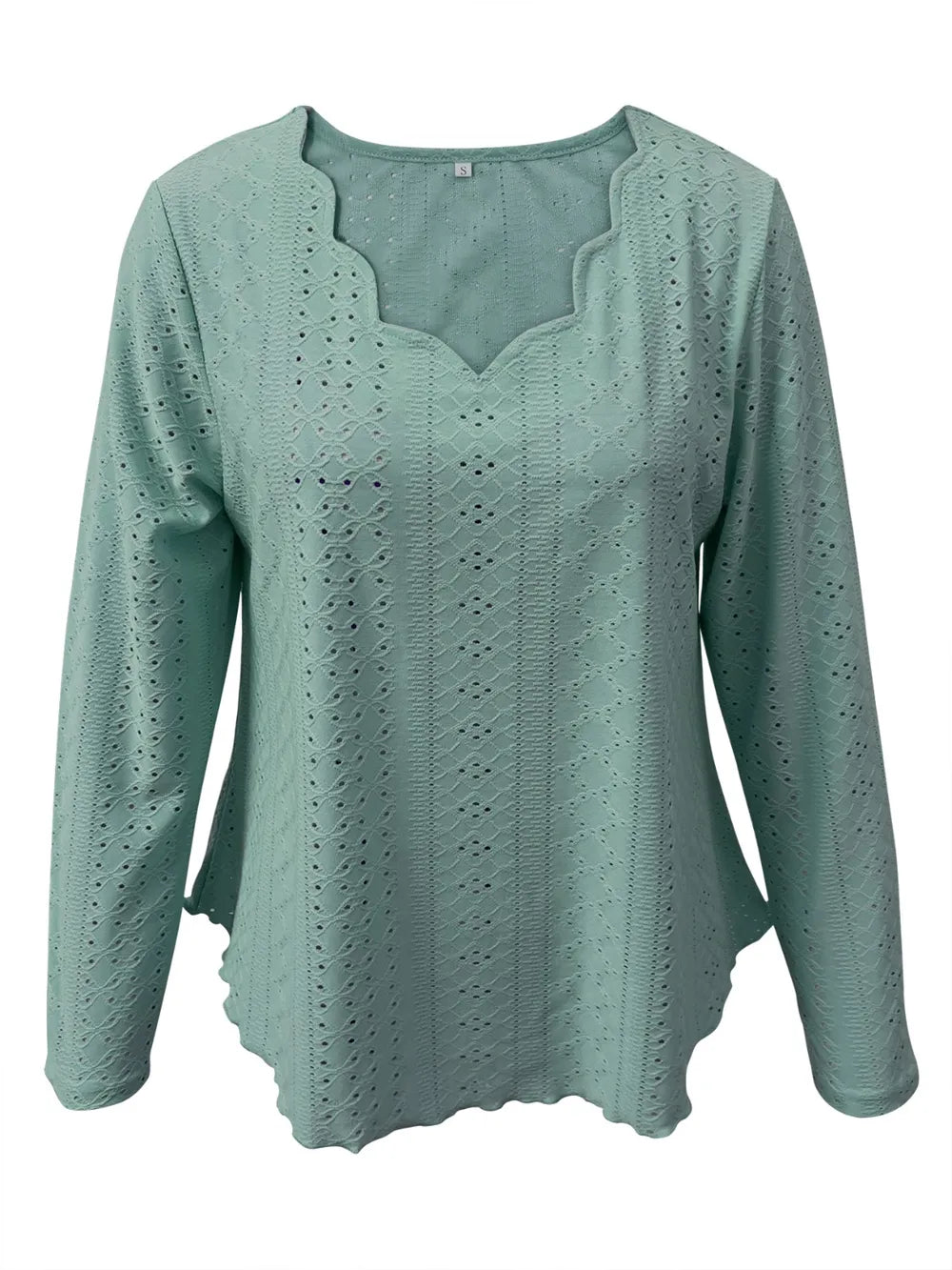 Elegant women's eyelet long sleeve blouse from Trendsi, featuring stretchy fabric and versatile office-ready design.