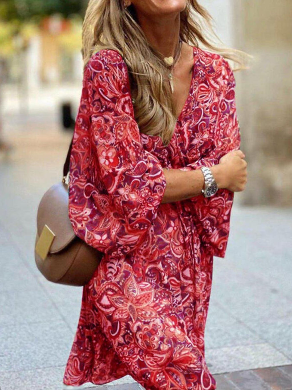 Paisley print balloon sleeve mini dress by Trendsi, stylish boho party dress with flowy silhouette and vibrant pattern.