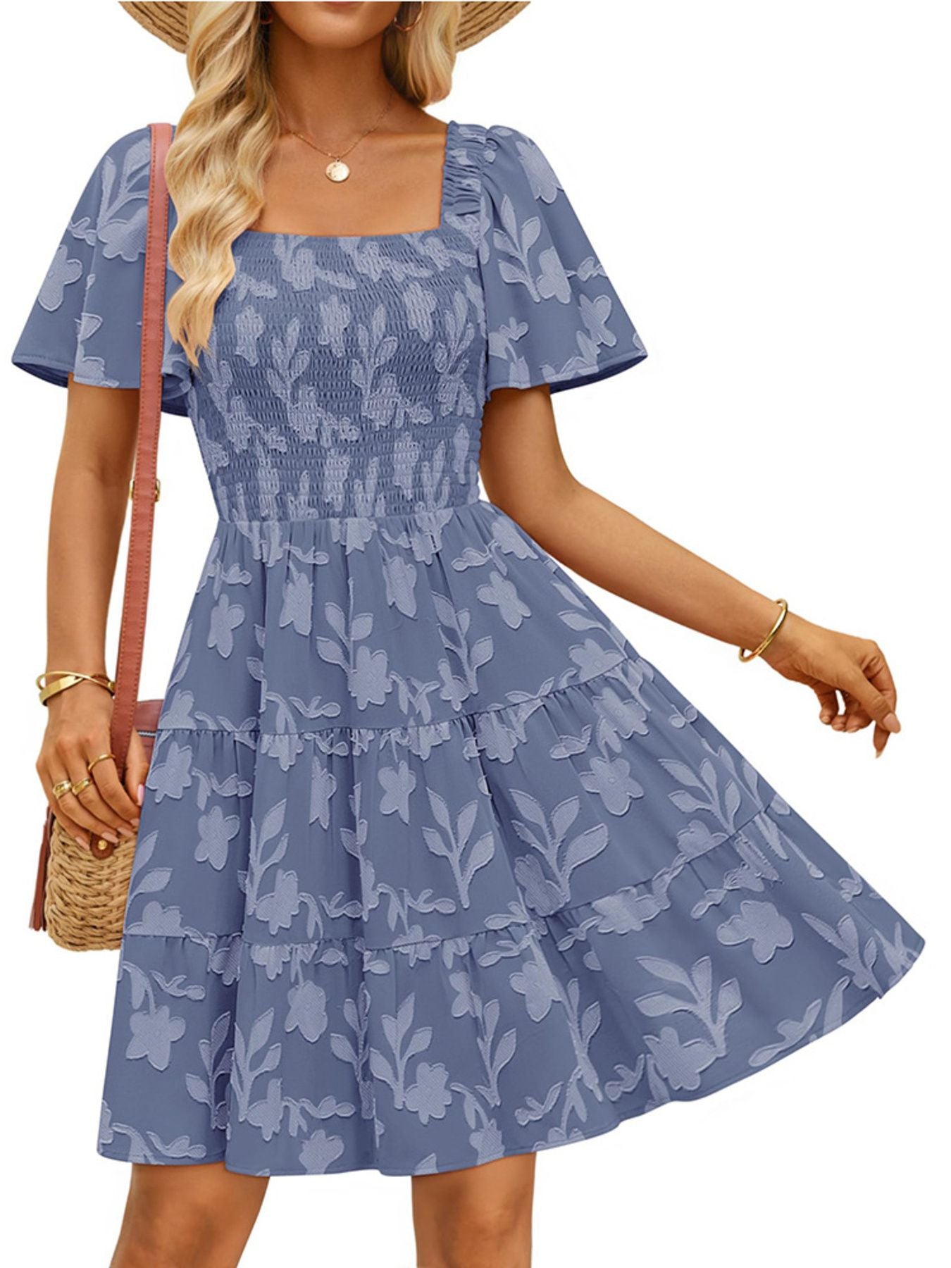 Women's smocked tiered square neck short sleeve casual dress with pockets, featuring a flowy design and lightweight fabric.