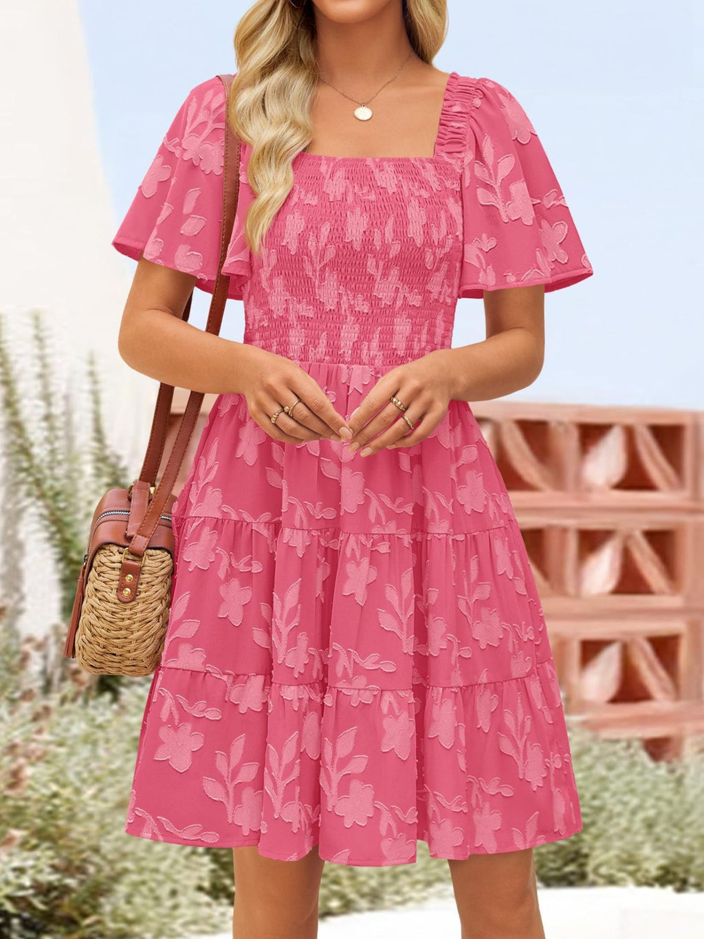 Women's smocked tiered square neck short sleeve casual dress with pockets, trendy and comfortable for everyday wear.