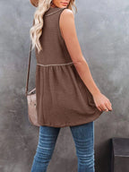 V-neck waffle knit tank top with contrast stitching from Trendsi, featuring a relaxed fit and stylish design.