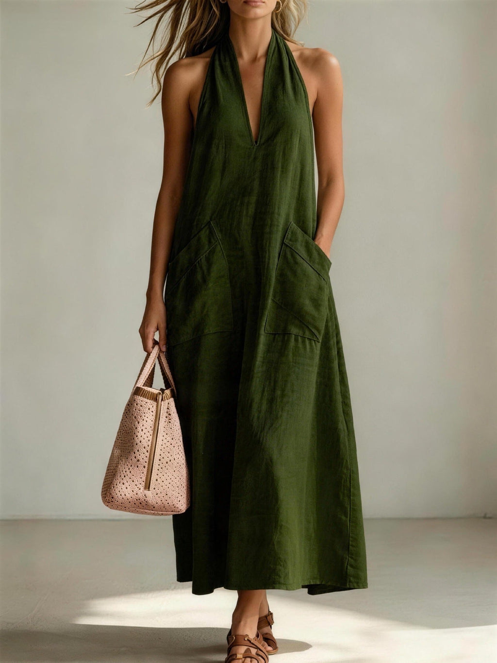 Cotton halterneck sleeveless deep V-neck casual dress by FitiqueFit with loose straight-line fit and relaxed style.